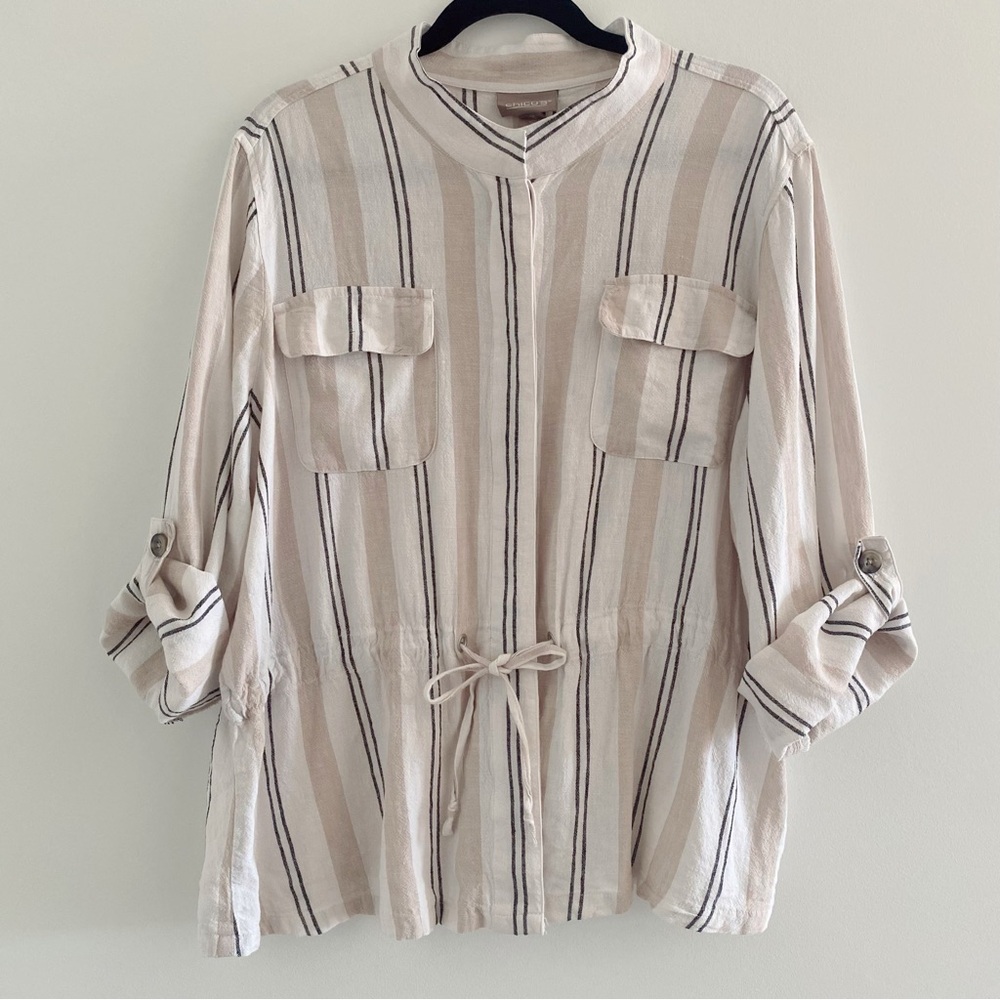Chico’s Lined Blend Boho Striped Shirt Pockets Roll Up Sleeves Sz XL But…